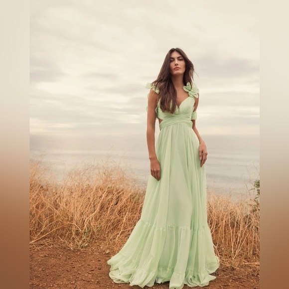 NWT Mac Duggal Ruffle tiered Cut-Out Chiffon Gown - Mint green - 67911 - Sz 8 - Picture 4 of 10
